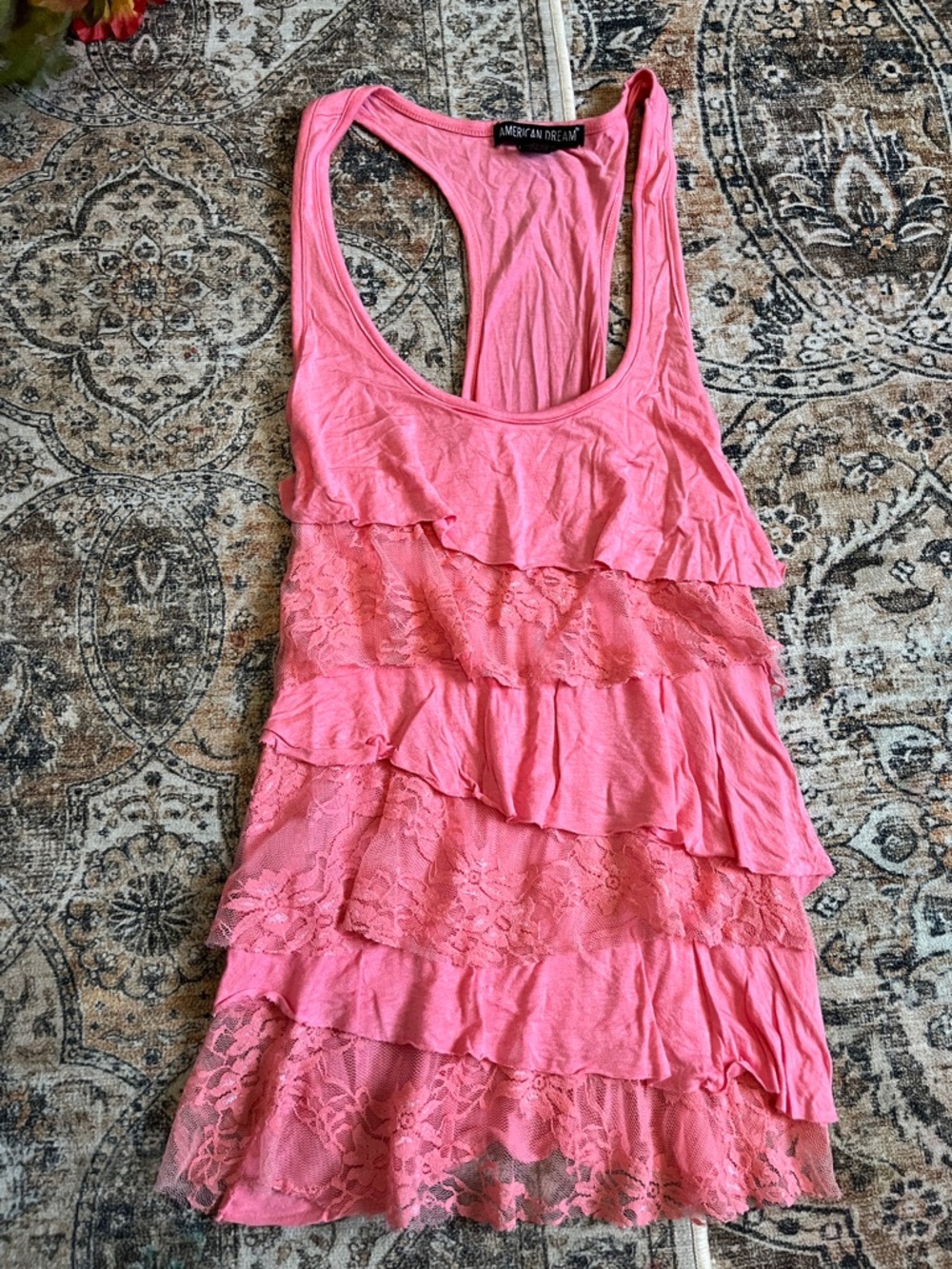 American Dream Coral Pink Ruffle Lace Racerback Tank